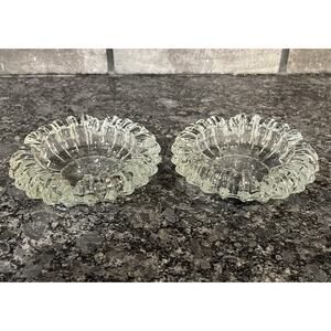 2 Vtg Heavy Clear Glass Ashtrays 4 Rests Round Circular 5” Diameter Transparent